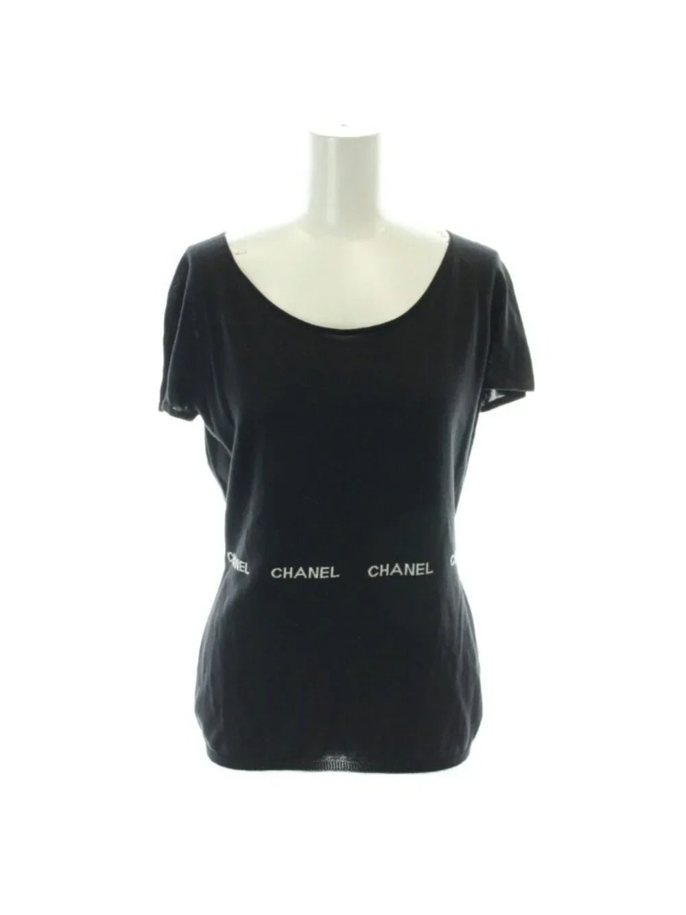 Chanel Knit Short Sleeve Cotton Logo Black Sweater 42
